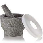 6" Granite Mortar and Pestle - 2-Cup Capacity Unpolished Granite Molcajete w/Silicone Lid - Grinder & Crusher for Mixing, Blending, Grinding, Serving, Spices Herbs, Guacamole, Salsa, Sauces & More