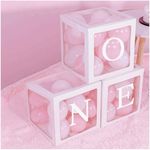 Pop The Party Decorative Transparent 3pcs One Letters Balloon Boxes With 50pcs Pink color pastel balloons For Baby Shower, Birthday Party Decoration.