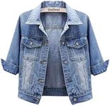 Unilexi Women's 3/4 Sleeve Colored Cropped Denim Jacket Light Wash Short Jean Jacket Trucker Coat, Light Blue, Large