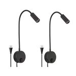 WELLCOOR Wall Mounted Reading Light, 2 Pack LED Plug in Wall Sconces Flexible Gooseneck Black Wall Lamp for Bedroom Bedside Headboard 3000K Warm Light