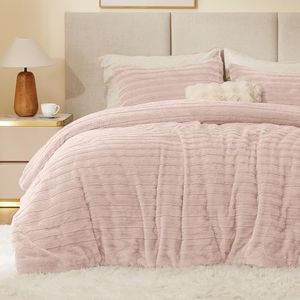BEDELITE Fleece King Comforter Set -Super Soft & Warm Fluffy Pink Faux Fur Bedding, Luxury Fuzzy Heavy Bed Set for Winter with 2 Pillow Cases