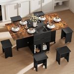 DWVO 7 Pieces Folding Extendable Dining Table Set with 6 Chairs for 6 Peoples 66.9" Drop Leaf Wood Kitchen Dining Room Table Set with 2 Storage Drawers & Wheel for Small Space Saving Rustic Brown