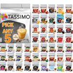 Tassimo Coffee, Tea, Chocolate Pods. Pick Any 5 Packs from 50+ Blends Including Kenco, Costa, Jacobs, Hot Chocolate, Chai latte, Baileys, Cadbury, Milka, Cafe Hag and More.