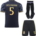 Hawkara R. Madrid Bellingham #5 2023/2024 Black Football Soccer Kids Jersey Shorts Socks Set Youth Sizes (Black, 28)