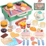 CUTE STONE Picnic Playset, Tea Party Set with Picnic Basket and Mat, Teapot, Teacup, Dessert, Pretend Play Kitchen with Play Food, Outdoor Summer Play Picnic Toys for Kids Boys Girls