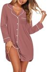 Ekouaer Nightgowns for Women Button Down Sleepshirt Long Sleeve Nightshirt Nursing Sleepwear Boyfriend Pajama Dress Pink L