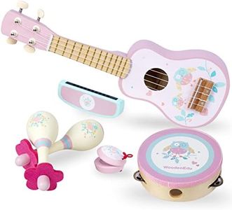 WoodenEdu Kids Guitar for Girls, Wooden Musical Instruments Toys with Ukulele, Tambourine, Maracas, Harmonica, Mini Band Sets for Toddlers 2 3 Years Old Birthday Gift (Pink for Girls)