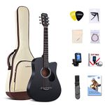 Lankro 38 inch Beginner Acoustic Guitar Black Basswood Cutaway Guitarra Starter Kit with Gig Bag Stap Learning Book Strings Strap Tuner Picks Capo Cleaning Cloth