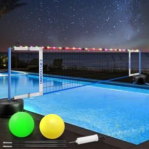 Eastgoing Pool Volleyball Net Set with Light,Adjustable Length 15-25FT，Swimming Pool Volleyball Net System with 2 Water Volleyballs and Heavy Duty Base.