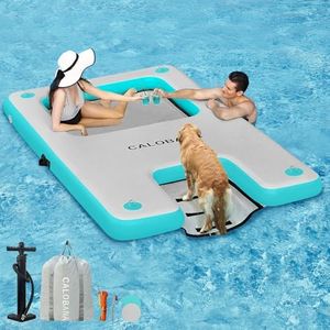 CALOBANA Floating Water Hammock, Inflatable Dock Platform with Mesh Lake Raft with Pool Ramp Ladder for Boats Lakes Beaches Water Recreation, Grey & Mint Green