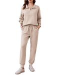 PINSPARK 2 Piece Sets for Women Long Sleeve Jogger Sets Fall Outfits Half Zip Tracksuit Sweatsuit Casual Preppy Clothes 2024,Apricot Small