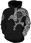 ENLACHIC Men's Viking Tattoo 3D Digital Print Hoodies Pullover Sweatshirt,Odin's Raven Pattern,XL