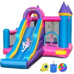 OLAKIDS Inflatable Bounce House, Kids Pink Jumping Castle with Slide, Ball Pit, Climbing Wall, Basketball Rim, Indoor Outdoor Inflatable Obstacle Course with 680W Blower 50PCS Ocean Balls Carry Bag