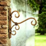 Craft Expertise "Golden Iron Wall Bracket for Hanging Planter – 6 x 1 x 7 Inches Decorative Metal Plant Hook, Heavy-Duty Indoor/Outdoor Garden Flower Pot Holder, Rustic Wall-Mounted Planter Hanger