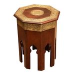 Casa Moro | Meena Oriental Side Table Height 52 Diameter 40 cm Solid Wood Decorated with Brass Octagonal Handmade Coffee Table Vintage Sofa Table | MA79-25