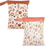 Wet Dry Bags for Baby Diapers, 2Pcs Wet Clothes Organizer with 2 Zippered Pockets, Waterproof Baby Travel Wet Bag, Wet Pouch for Small Cloth, Reusable Swim Bag for Stroller, Clothes, Swimsuits(Orange)