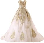 Kivary Gold Lace Ball Gown Long Corset Sweetheart Tulle Prom Wedding Evening Dresses Ivory US16W