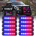 Xprite 10pcs LED Emergency Strobe Lights,Red Blue 12- LED Surface Mount Flashing Strobe Lights, Sync Feature Ultra Slim Grill Lights for Volunteer Trucks ATV SUV Vehicles