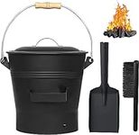 Fireplace Ash Bucket with Lid Shovel, Hand Broom and Gloves,10L Charcoal Wood Fire Pits Burning Stoves, Coal/Large Pellet Metal Buckets/Hot Wood Carrier Pail Fire Pits Ash Can Cleaning Tools