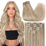 Sunny 18inch Clip On Hair Extensions Human Hair Dark Ash Blonde Highlight Bleach Blonde 7 piece 120G Real Remy Human Hair Extensions Clip in Extensions for Full Head