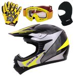 Zorax ZOR-X19 Yellow L (53-54cm) PREDATOR Kids Motorbike Motocross MX Helmet ECE 2206 & Gloves L (7cm) & Goggles & Balaclava