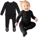 Posh Peanut Baby Girl Sleepers - Viscose from Bamboo Baby Pajamas & 2 Way Zipper Sleepers - Ruffled Baby Clothes for Girls (3-6 Months) Solid Ribbed Black