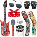 Dreamtop 10Pcs Punk Rockstar Fancy Dress Gothic Rocker Costume Set Rock Star Heavy Metal Accessories with Gloves Sunglasses Bandana Tattoo Sleeves Bracelet Ring Inflatable Guitar Microphone