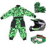 Zorax L(9-10 Years) Kids CAMO Suit & Gloves L(7cm) & Goggles & ZOR-X19 Green L (53-54cm) PREDATOR Kids Motocross Helmet ECE 2206, Child Dirt Bike Motorocycle Helmet Clothing Suit Set