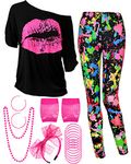 80s Women Costume Set, T Shirt, Legging Pants Earring Necklace Gloves Bracelet (Short Sleeve Spray Printing, XX-Large)