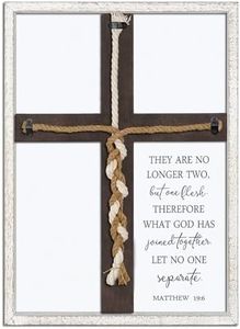 Matthew 19:6 What God Has Joined Sign 15"X10" Cord of Three Strands Unity Cross Braid for Wedding Ceremony Ideas Wood Frame Christian Marriage Gifts Decor for Couple Anniversary Religious (White)