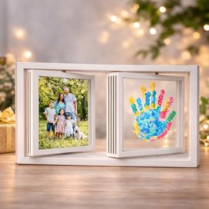 Family Handprint Frame Kit,White Dual Rotating Photo & Handprint Display, DIY Keepsake Craft with Wooden Frame, Non-Toxic Paints, Baby Hand & Footprint Kit, Gift for Grandparents & New Parents