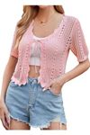 Kate Kasin Women's Short Sleeve V-Neck Shrug Sweater Bolero Crochet Vintage Plus Size Knit Cardigan Light Pink 2XL