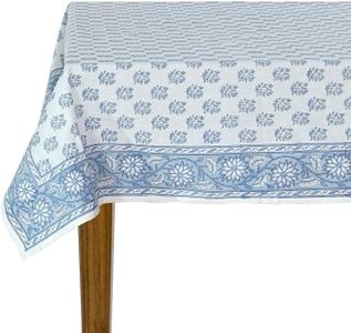 Ridhi Sky Beau Blue Hand Block Print Cotton Rectangle Tablecloth 190" x 72" inches Reusable Table Cover Decorative Everyday Use for Dining Room, Farmhouse, Home Gift for Spring, Mother's Day