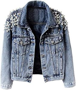 Kedera Women's Embroidered Rivet Pearl Short Denim Jacket Coat, Blue, Medium