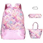 sphaiya Girls 4 in 1 Backpack Set with Lunch Bag, Pencil Case,Clip,Cute Stars School Backpack,Galaxy BookBags for Kids Teen Girls (Light Pink)