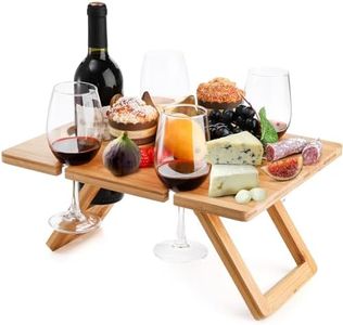 Youeon Portable Wine Picnic Table with 5 Wine Glasses Holder Foldable Champagne Picnic Snack Table Wooden Wine and Snack Table for Picnic Outdoor, Camping, Park, Beach, Indoor, Wine Lover Gift