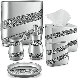 Creative Scents Silver Mosaic Bathroom Accessories Set Complete - 6 Piece Bathroom Set Includes: Bathroom Trash Can, Tissue Cover, Soap Dispenser, Toothbrush Holder, Tumbler & Soap Dish