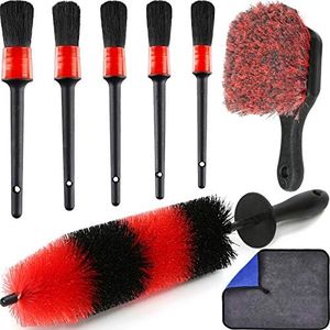TAKAVU Wheel Tire Brush Set Car Detailing Kit 8pcs, 17” Long Soft Bristle Wheel Brush, 5pcs Detail Brushes, Tire Brush & Microfiber Cleaning Cloth for Cleaning Wheels, Dashboard, Interior, Exterior