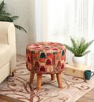 Nacia Printed Ottoman Stool For Living Room Decoration Furniture Ottoman Wooden Pouffes For Sitting Puffy Footrest Ottoman Stool For Home Dcor, Pouffie Dressing Table Stool, 17 Inch, Darbar - Beige