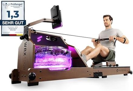 Sportstech Premium Wasser-Rudergerät mit LED-Wassertank, klappbar, App mit Workout Kursen+ Tablethalterung, Natur-Massivholz Rudermaschine Rower für zuhause WRX1000