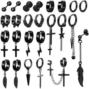 25 Piezas Pendientes Hombre Negro Acero Inoxidable Pendientes Colgantes Pendientes Cruz Plumas Punk Kpop Pendientes para Hombre Mujer