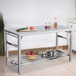 Stainless Steel Kitchen Work Table, 60 x 24 in Metal Commercial Food Prep Work Bench with Adjustable Shelf, Stainless Steel Folding Island Table for Kitchen, Restaurant, No Assembly