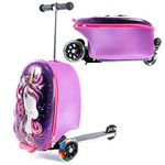 KIDDIETOTES 3-D Hardshell Ride On Suitcase Scooter for Kids - Cute Lightweight Kids Carry-On Luggage with LED Lit Wheels - Updated 2022 Wheel Design, Purple, 13.5 Inch x 9 Inch x 20 Inch, Unicorn