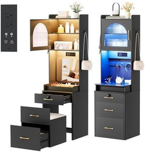 NBYSGO Vanity Desk with Mirror and Lights, 3 in 1 Tall Makeup Vanity Set with Flip-up Mirror, Jewelry Box, Charging Station, Girls Small Vanity and Storage Chair (Black)