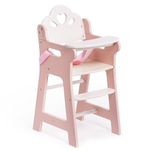 ROBOTIME Baby Doll High Chair, Pretend Play High Chair With Safety Belt and Footrest, Wooden Baby Doll Accessories, Baby Doll Furniture Fits 18 Inch Dolls, Gift for Ages 3+, White/Pink