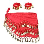 Morices Belly Dance Hip Scarf with Bracelets, Chiffon Belly Dance Scarf Wrap Belt Sash Skirt with Gold Coins for Performance Costume Belly Dance Yoga Class