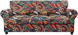 SearchI Stretch Sofa Cover Printed Couch Cover, Floral Pattern 4 Pieces Sofa Slipcover with 3 Separate Cushion Cover, Washable Furniture Protector for Living Room(Sofa, Paisley Pattern)