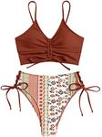 ZAFUL Women V Neck Bikini Set Ruched Tie Front High Waisted Floral Print Ribbed 2 Piece Bathing Suit Swimsuits, Brown, Large