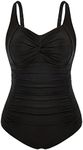 Plus Size Tummy Control Swimwear for Women Vintage Twist Front Ruched Bathing Suit Black 12W