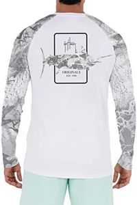 Guy Harvey Men’s Long Sleeve Performance Shirt with 50+ UPF Sun Protection, Bright White/Marlin, Medium